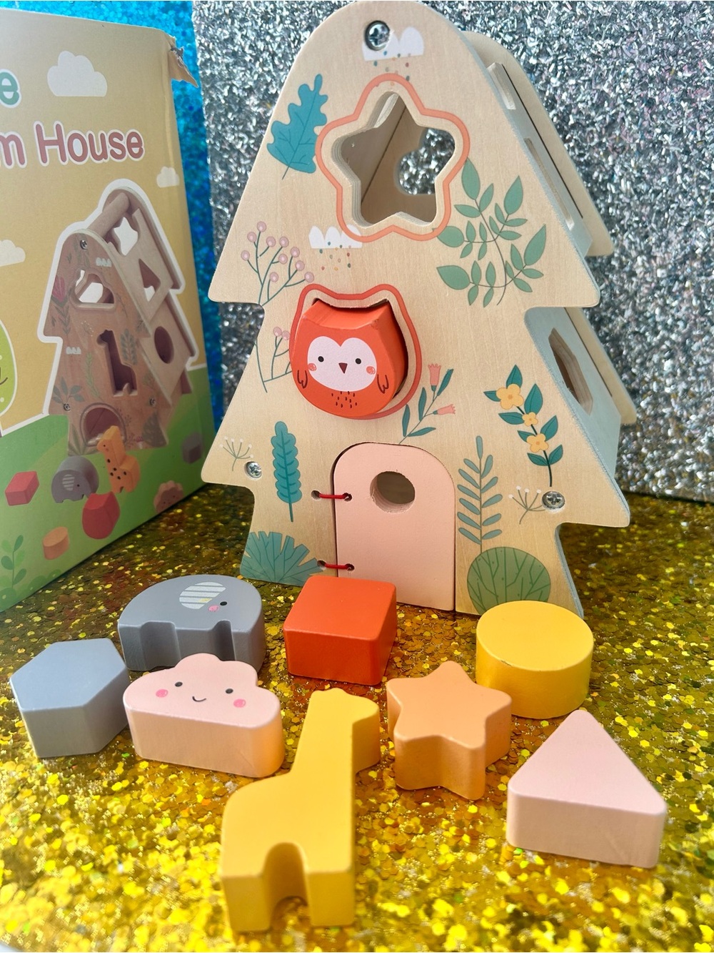 Wooden Tree Shape Sorter Playhouse - Pastel Multicolor